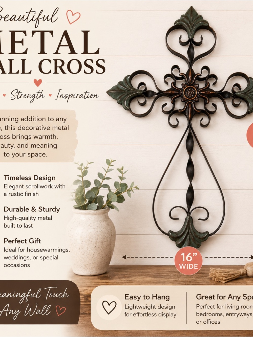 Metal Wall Cross - Rustic Scrollwork Decorative Cross in Black and Green